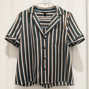 Forever 21 Silky Striped Button-Up Top, Short Sleeve, Size S